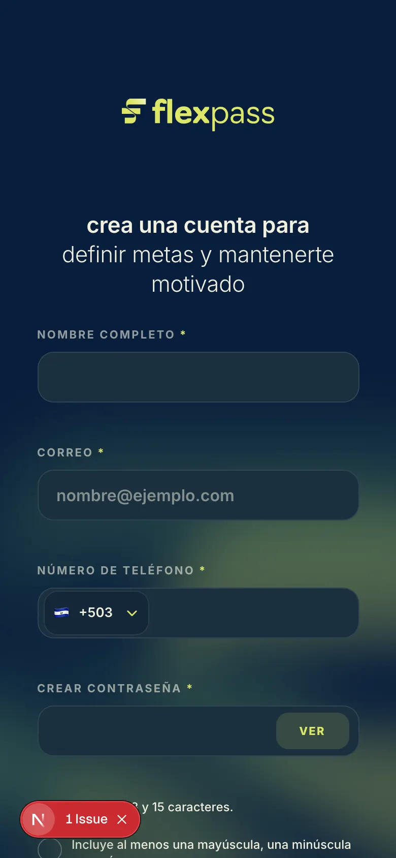 Pantalla de creación de cuenta de la app flexpass
